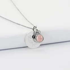 Outlet HappyBulle Pendentif enfant personnalisé médaille gravée argent 15 mm et breloque pierre naturelle 8 mm Argent rhodié 925