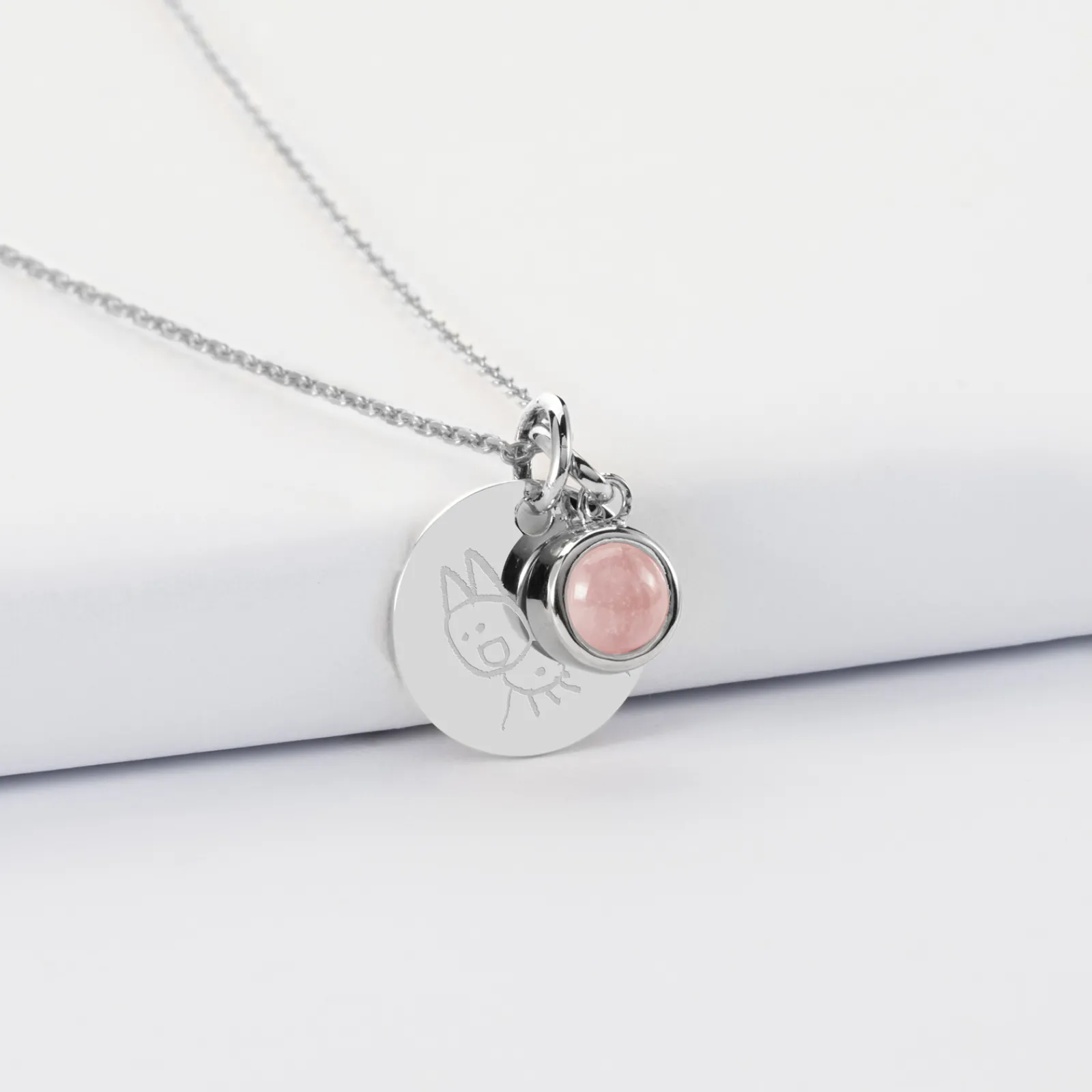 Outlet HappyBulle Pendentif enfant personnalisé médaille gravée argent 15 mm et breloque pierre naturelle 8 mm Argent rhodié 925