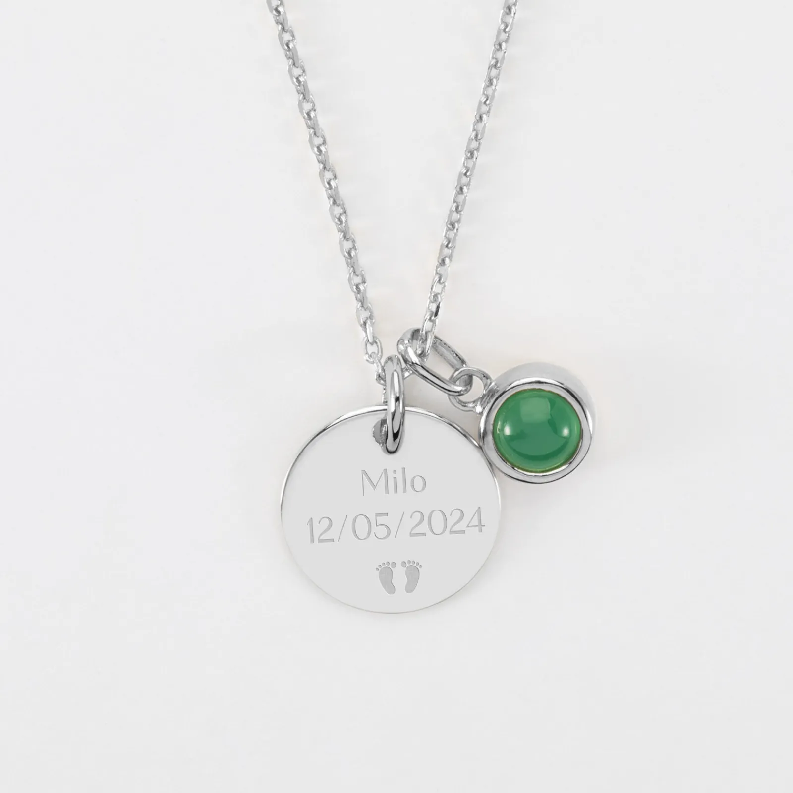 Outlet HappyBulle Pendentif enfant personnalisé médaille gravée argent 15 mm et breloque pierre naturelle 8 mm Argent rhodié 925