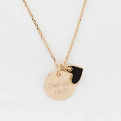 Sale HappyBulle Pendentif enfant personnalisé médaille gravée plaqué or 15 mm et breloque coeur email 10 mm Plaqué or 18k