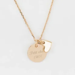 Sale HappyBulle Pendentif enfant personnalisé médaille gravée plaqué or 15 mm et breloque coeur email 10 mm Plaqué or 18k