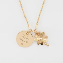 Sale HappyBulle Pendentif enfant personnalisé médaille gravée plaqué or 15 mm et breloque scintillant 15 mm Trèfle