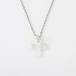 Clearance HappyBulle Pendentif enfant personnalisé prénom médaille gravée argent croix 15x13 mm Argent rhodié 925