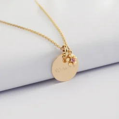 Sale HappyBulle Pendentif enfant personnalisé médaille gravée plaqué or 15 mm et breloque fleur zircon plaqué or 8 mm