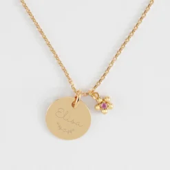 Sale HappyBulle Pendentif enfant personnalisé médaille gravée plaqué or 15 mm et breloque fleur zircon plaqué or 8 mm