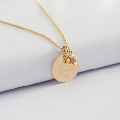 Sale HappyBulle Pendentif enfant personnalisé médaille gravée plaqué or 15 mm et breloque fleur zircon plaqué or 8 mm
