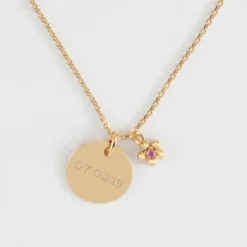 Sale HappyBulle Pendentif enfant personnalisé médaille gravée plaqué or 15 mm et breloque fleur zircon plaqué or 8 mm