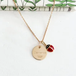 Best HappyBulle Pendentif enfant personnalisé médaille gravée plaqué or 15 mm et breloque email coccinelle 8 mm Plaqué or 18k