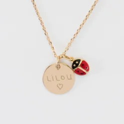 Best HappyBulle Pendentif enfant personnalisé médaille gravée plaqué or 15 mm et breloque email coccinelle 8 mm Plaqué or 18k