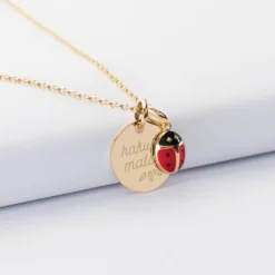 Best HappyBulle Pendentif enfant personnalisé médaille gravée plaqué or 15 mm et breloque email coccinelle 8 mm Plaqué or 18k