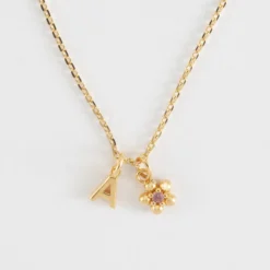 Best HappyBulle Pendentif enfant personnalisé médaille plaqué or lettre initiale 5 mm et breloque fleur zircon plaqué or 8 mm