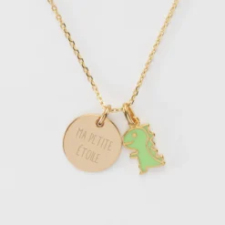 Outlet HappyBulle Pendentif enfant personnalisé médaille gravée plaqué or 15 mm et breloque email dinosaure 12 mm