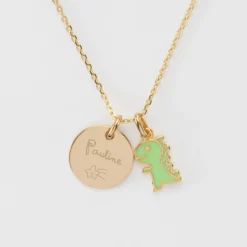 Outlet HappyBulle Pendentif enfant personnalisé médaille gravée plaqué or 15 mm et breloque email dinosaure 12 mm