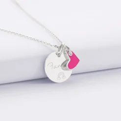 Best HappyBulle Pendentif enfant personnalisé médaille gravée argent 15 mm et breloque coeur email 10 mm Argent rhodié 925