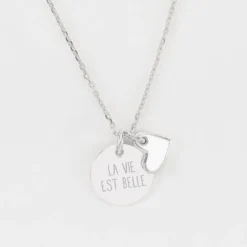 Best HappyBulle Pendentif enfant personnalisé médaille gravée argent 15 mm et breloque coeur email 10 mm Argent rhodié 925