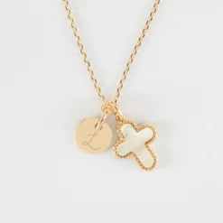 Sale HappyBulle Pendentif enfant personnalisé médaille gravée plaqué or 10 mm et breloque croix nacre 16 mm
