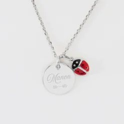 Sale HappyBulle Pendentif enfant personnalisé médaille gravée argent 15 mm et breloque email coccinelle 8 mm Argent rhodié 925