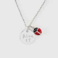 Sale HappyBulle Pendentif enfant personnalisé médaille gravée argent 15 mm et breloque email coccinelle 8 mm Argent rhodié 925