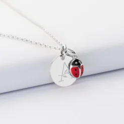 Sale HappyBulle Pendentif enfant personnalisé médaille gravée argent 15 mm et breloque email coccinelle 8 mm Argent rhodié 925