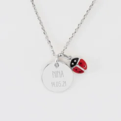 Sale HappyBulle Pendentif enfant personnalisé médaille gravée argent 15 mm et breloque email coccinelle 8 mm Argent rhodié 925