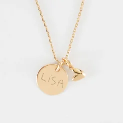 Outlet HappyBulle Pendentif enfant personnalisé médaille gravée plaqué or 15 mm et breloque petit coeur bombé 7 mm - x Atelier Wagram Plaqué or 18k