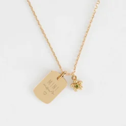 Best HappyBulle Pendentif enfant personnalisé médaille gravée plaqué or rectangle 17x11 mm et breloque fleur zircon plaqué or 8 mm