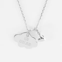 Clearance HappyBulle Pendentif enfant personnalisé médaille gravée argent nuage 20x14 mm et breloque petit coeur bombé 7 mm - x Atelier Wagram Argent rhodié 925