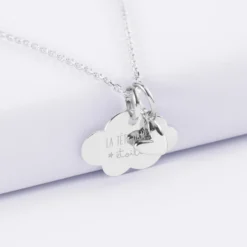 Clearance HappyBulle Pendentif enfant personnalisé médaille gravée argent nuage 20x14 mm et breloque petit coeur bombé 7 mm - x Atelier Wagram Argent rhodié 925