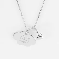 Clearance HappyBulle Pendentif enfant personnalisé médaille gravée argent nuage 20x14 mm et breloque petit coeur bombé 7 mm - x Atelier Wagram Argent rhodié 925