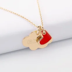 Outlet HappyBulle Pendentif enfant personnalisé médaille gravée plaqué or nuage 20x14 mm et breloque coeur email 10 mm Plaqué or 18k