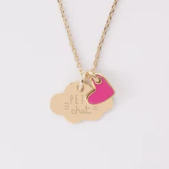 Outlet HappyBulle Pendentif enfant personnalisé médaille gravée plaqué or nuage 20x14 mm et breloque coeur email 10 mm Plaqué or 18k