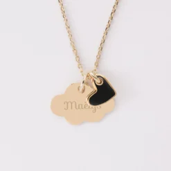 Outlet HappyBulle Pendentif enfant personnalisé médaille gravée plaqué or nuage 20x14 mm et breloque coeur email 10 mm Plaqué or 18k