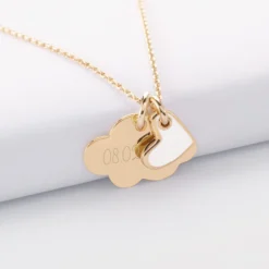 Outlet HappyBulle Pendentif enfant personnalisé médaille gravée plaqué or nuage 20x14 mm et breloque coeur email 10 mm Plaqué or 18k