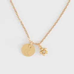 Hot HappyBulle Pendentif enfant personnalisé médaille gravée plaqué or 10 mm et breloque fleur zircon plaqué or 8 mm
