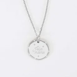 Outlet HappyBulle Pendentif enfant personnalisé médaille contour scintillant gravée argent 16 mm Argent rhodié 925