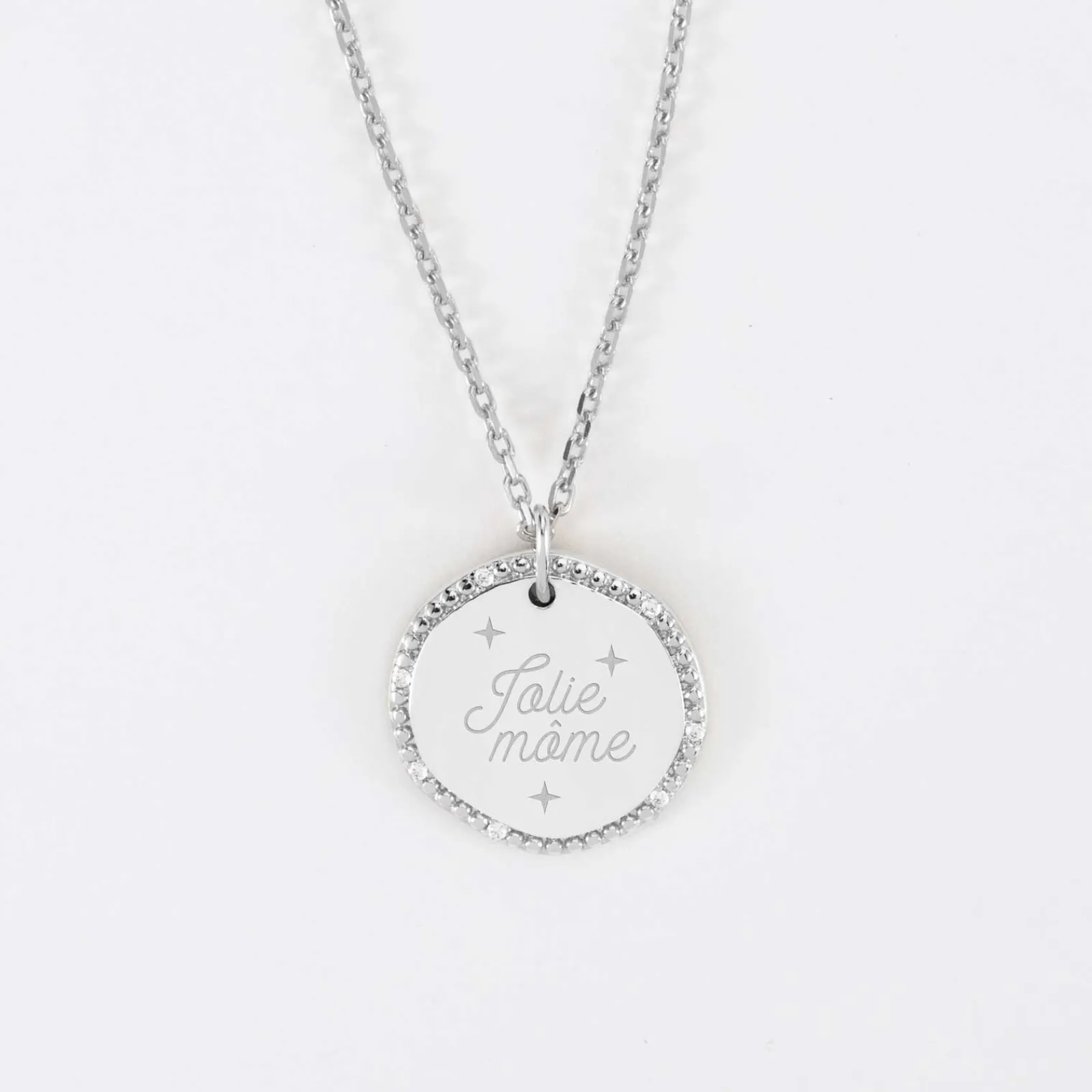 Outlet HappyBulle Pendentif enfant personnalisé médaille contour scintillant gravée argent 16 mm Argent rhodié 925