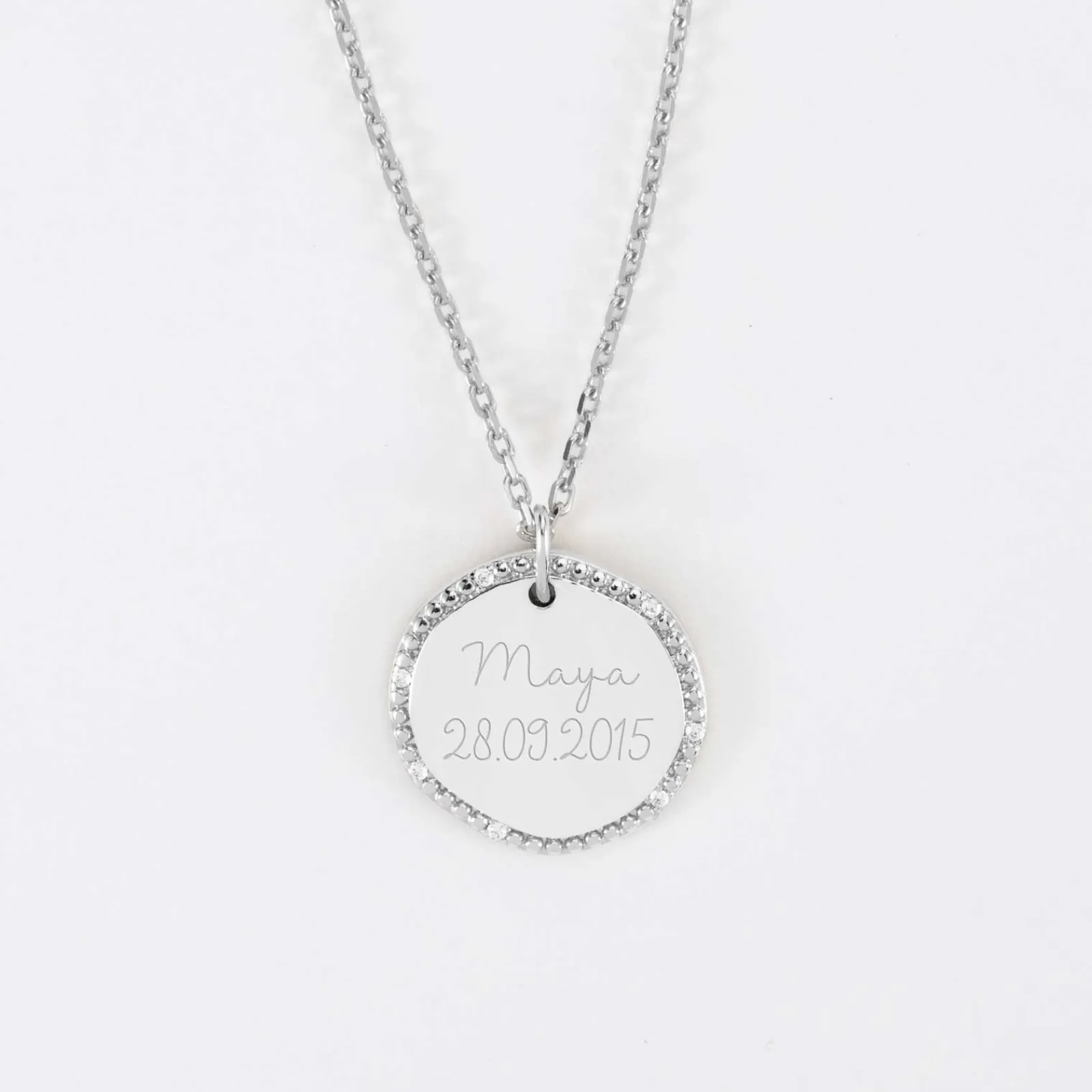 Outlet HappyBulle Pendentif enfant personnalisé médaille contour scintillant gravée argent 16 mm Argent rhodié 925