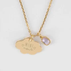 Outlet HappyBulle Pendentif enfant personnalisé médaille gravée plaqué or nuage 20x14 mm et breloque rectangle zircon plaqué or 9 mm