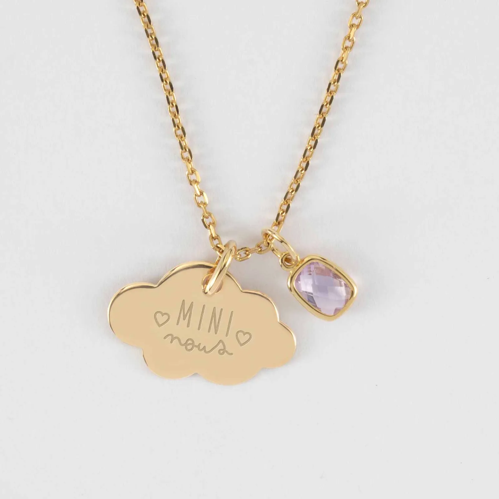 Outlet HappyBulle Pendentif enfant personnalisé médaille gravée plaqué or nuage 20x14 mm et breloque rectangle zircon plaqué or 9 mm