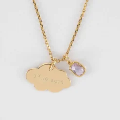 Outlet HappyBulle Pendentif enfant personnalisé médaille gravée plaqué or nuage 20x14 mm et breloque rectangle zircon plaqué or 9 mm