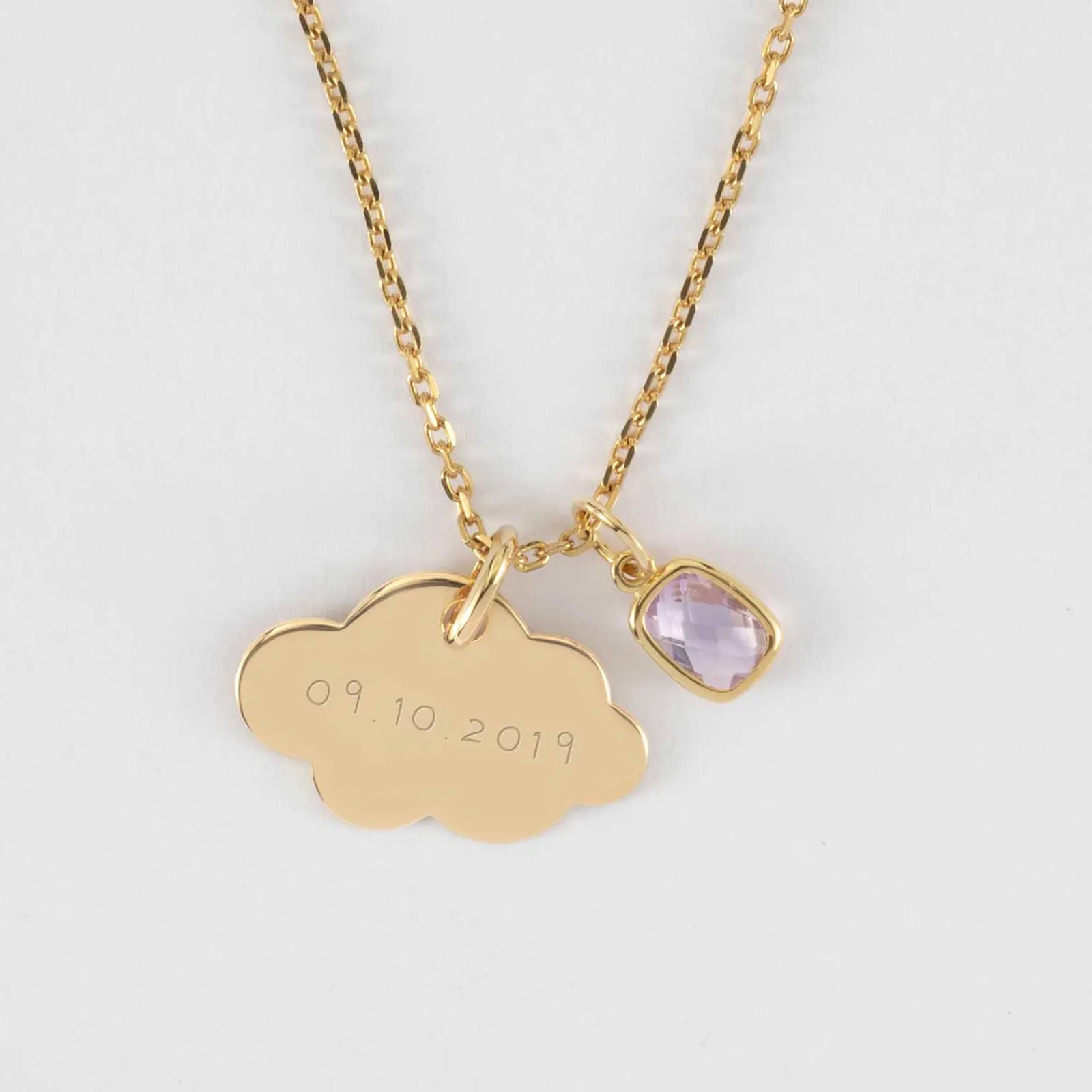 Outlet HappyBulle Pendentif enfant personnalisé médaille gravée plaqué or nuage 20x14 mm et breloque rectangle zircon plaqué or 9 mm