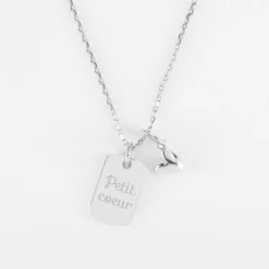 HappyBulle Pendentif enfant personnalisé médaille gravée argent rectangle 17x11 mm et breloque petit coeur bombé 7 mm - x Atelier Wagram Argent rhodié 925