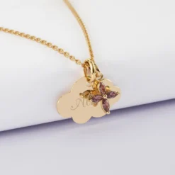 Online HappyBulle Pendentif enfant personnalisé médaille gravée plaqué or nuage 20x14 mm et breloque fleur pétales zircons 10 mm
