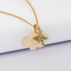 Online HappyBulle Pendentif enfant personnalisé médaille gravée plaqué or nuage 20x14 mm et breloque fleur pétales zircons 10 mm