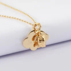 Sale HappyBulle Pendentif enfant personnalisé médaille gravée plaqué or nuage 20x14 mm et breloque tortue 10 mm Plaqué or 18k