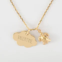 Sale HappyBulle Pendentif enfant personnalisé médaille gravée plaqué or nuage 20x14 mm et breloque tortue 10 mm Plaqué or 18k