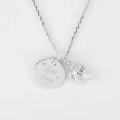 Outlet HappyBulle Pendentif enfant personnalisé médaille gravée argent 15 mm et breloque tortue 10 mm Argent rhodié 925