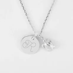 Outlet HappyBulle Pendentif enfant personnalisé médaille gravée argent 15 mm et breloque tortue 10 mm Argent rhodié 925