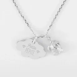 Discount HappyBulle Pendentif enfant personnalisé médaille gravée argent nuage 20x14 mm et breloque tortue 10 mm Argent rhodié 925