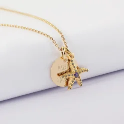 Sale HappyBulle Pendentif enfant personnalisé médaille gravée plaqué or 15 mm et breloque étoile de mer scintillante zircons bleus 15 mm